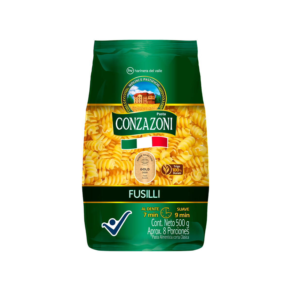 Vista frontal empaque Fusilli Conzazoni, paquete de presentación de 500g.