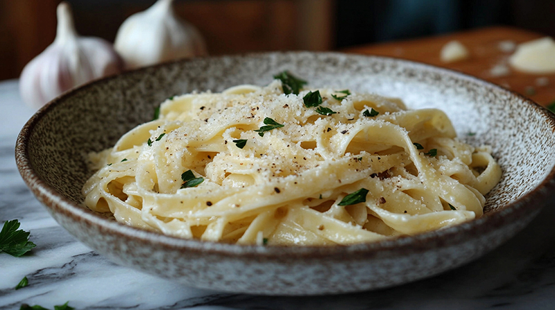 Pasta Fettuccine cacio e pepe en un plato sobre una mesa de mármol.