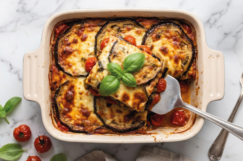 Lasagna de berenjena en refractaria decorada con hojas de albahaca, sobre una tabla de madera y al fondo más lasagna en diferente refractaria y tomates sobre la mesa como decoración