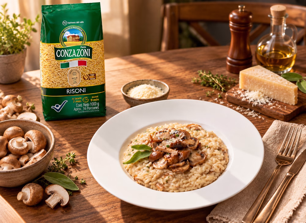 Plato de risoni con champiñones sobre una superficie de madera. Lo acompañan cubiertos y una servilleta de tela, un bowl con champiñones, otro con queso parmesano, un recipiente con aceite de oliva, algunas hierbas y el producto Risoni Conzazoni.